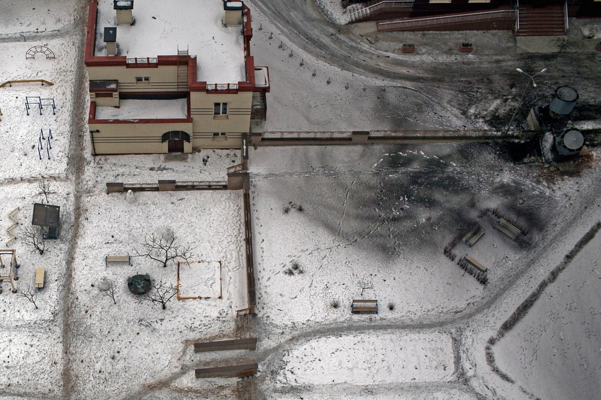 Donetsk, Ukraine, January 2015. A children's playground, seen from the air following shelling in a residential area of Donetsk.