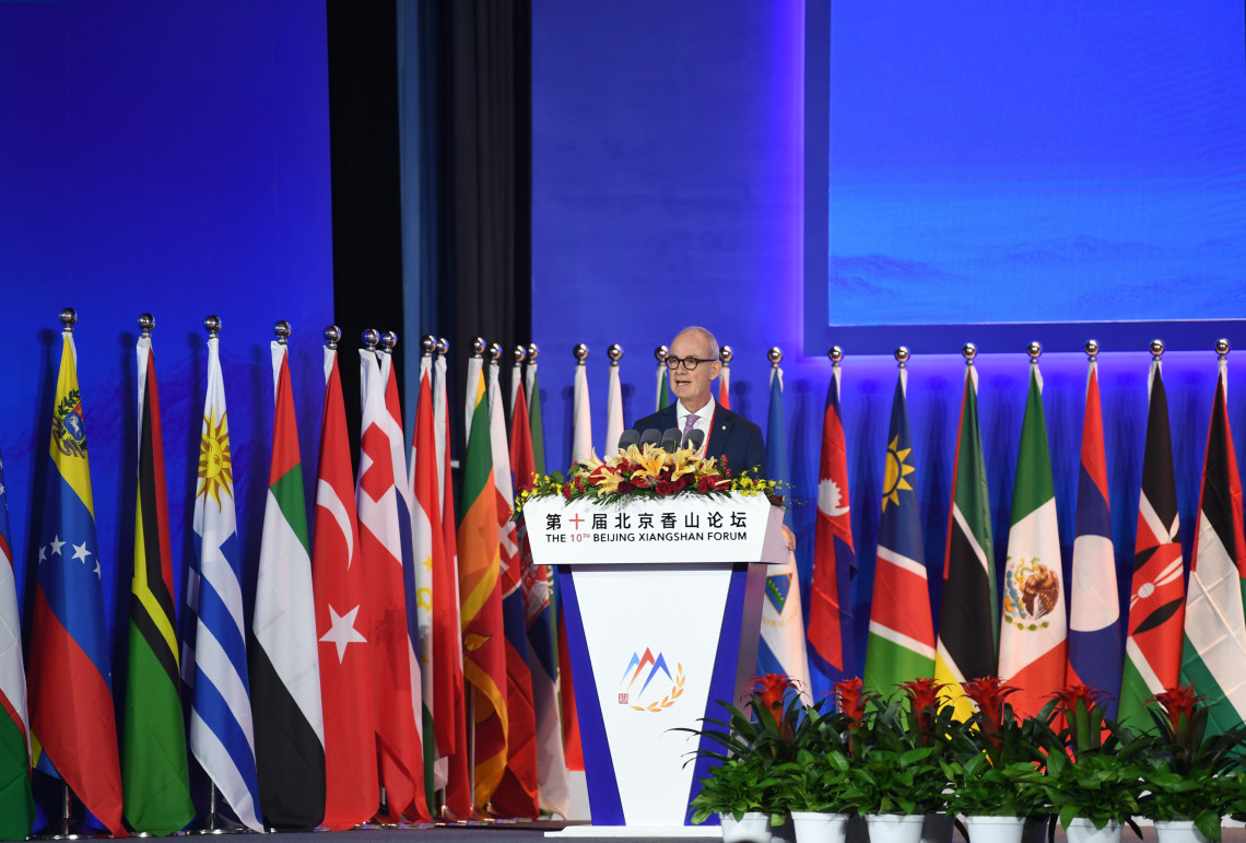 ICRC Vide President Gilles Carbonnier delivers keynote speech at the 10th Beijing Xiangshan Forum. PHOTO: Zhao LIU