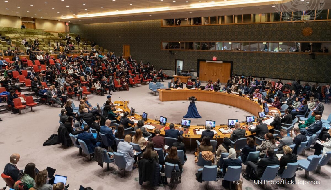 A wide view of the Security Council meeting on Women and peace and security on the theme “Towards the 25th anniversary of resolution 1325 (2000)”. N Photo/Rick Bajornas