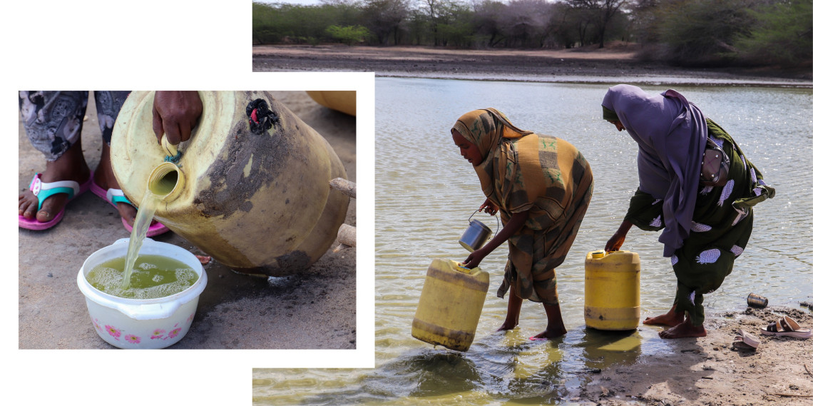 Residents of Ijara get water for domestic use at the local water pan. The water is a slimy green and not fit for drinking but is used to cook meals as they do not have alternative sources. 